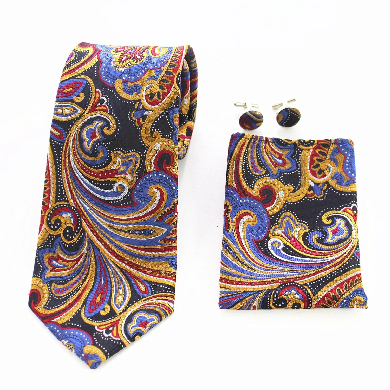 Multi Color Paisley Designer Silk Floral Necktie with Matching Cufflinks & Pocket Square Set for Men