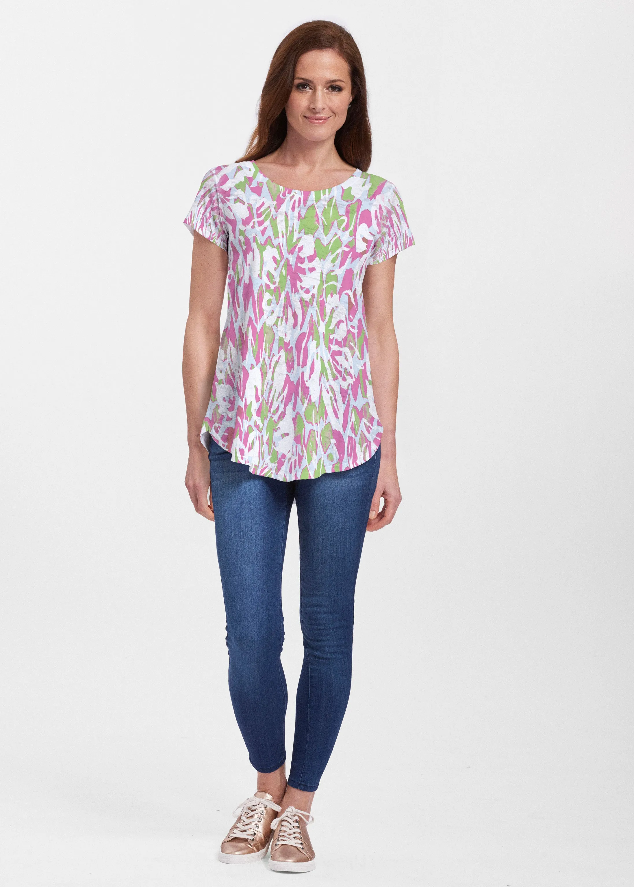 Mystic Floral Stripe (19167) ~ Signature Short Sleeve Scoop Neck Flowy Tunic