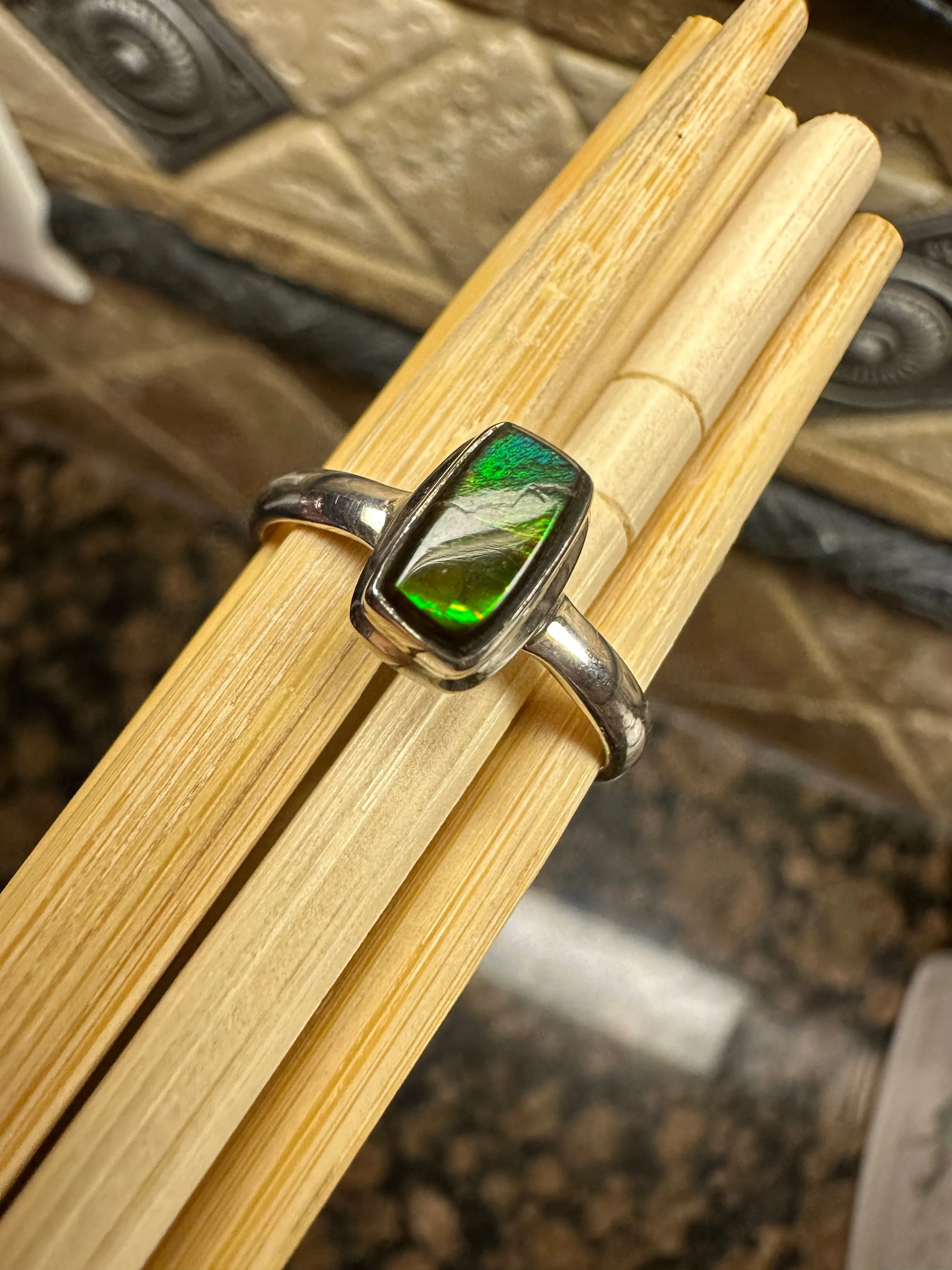Natural Canadian Ammolite 925 Solid Sterling Silver Engagement Ring Size 8