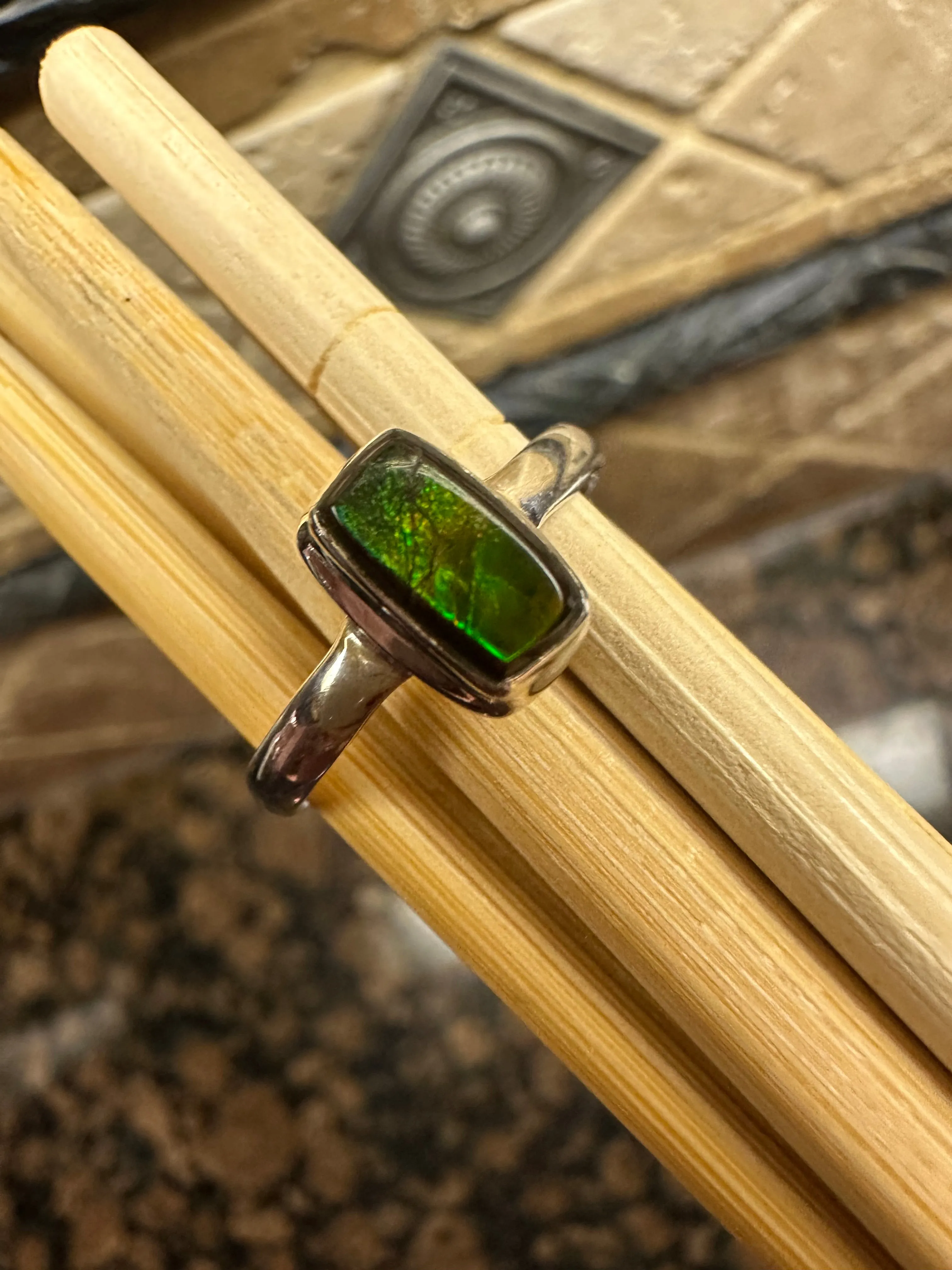 Natural Canadian Ammolite 925 Solid Sterling Silver Engagement Ring Size 8