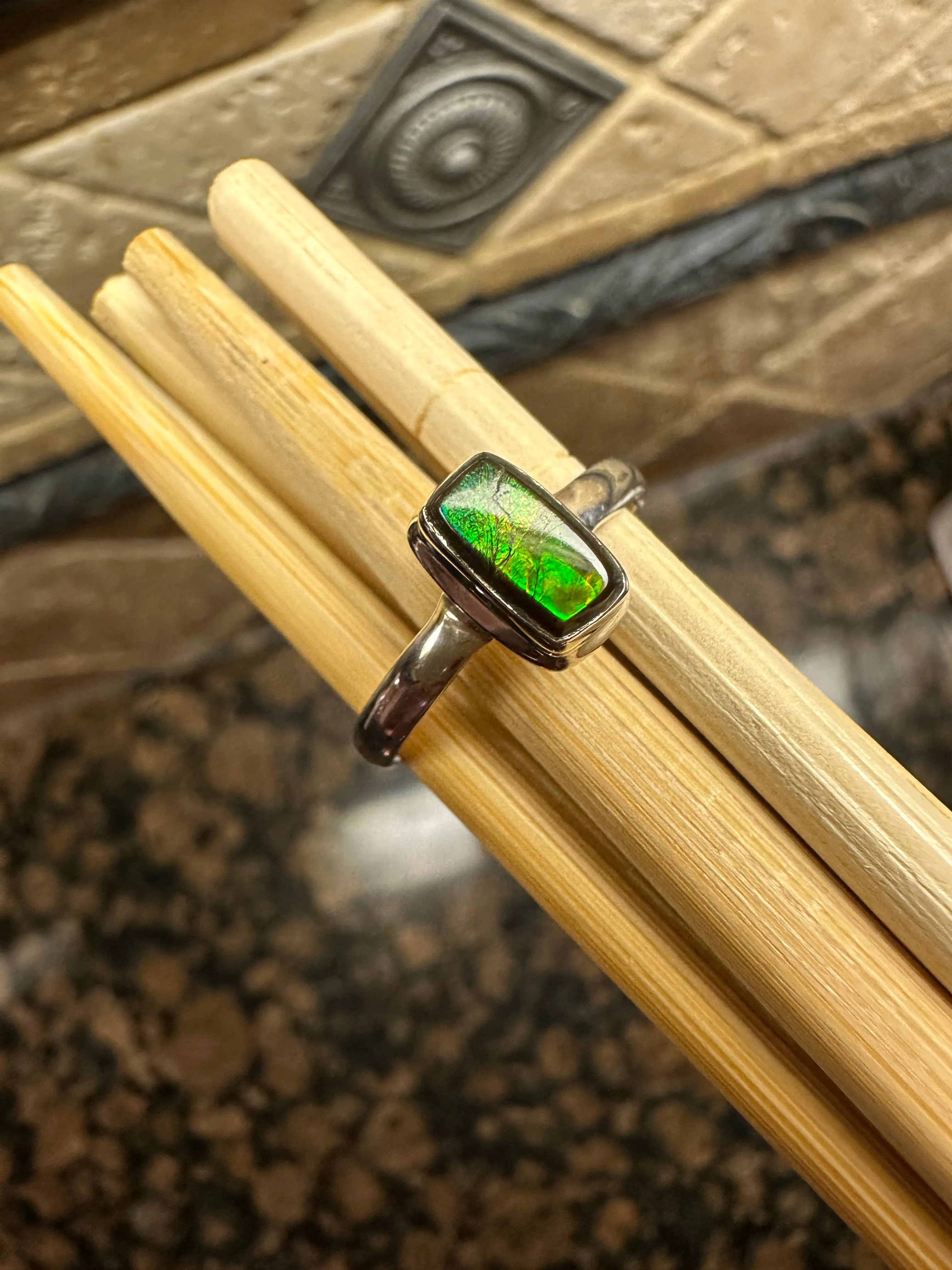 Natural Canadian Ammolite 925 Solid Sterling Silver Engagement Ring Size 8