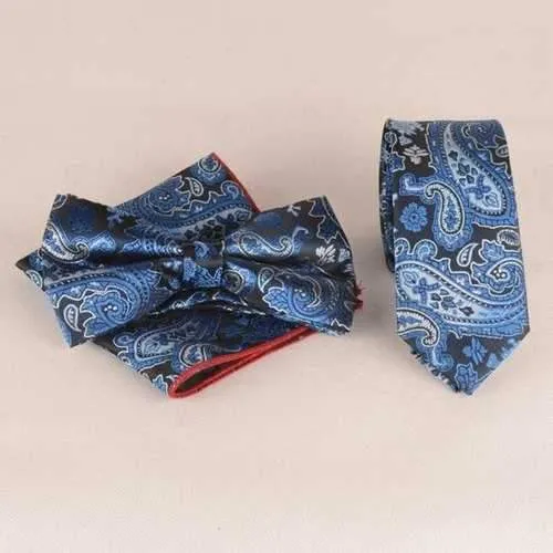 Nautical Style Paisley Jacquard Neck Tie Set - Navy Blue