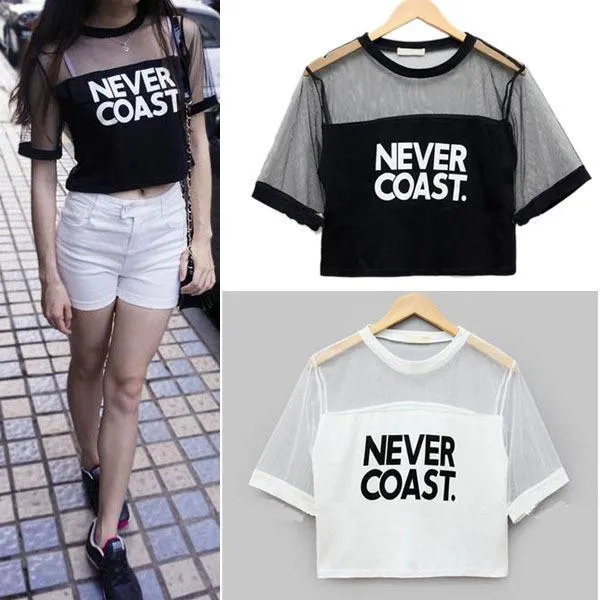 'NEVER COAST' Mesh Patchwork Crop T-Shirt