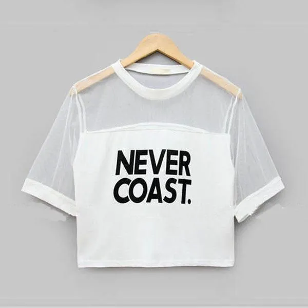 'NEVER COAST' Mesh Patchwork Crop T-Shirt