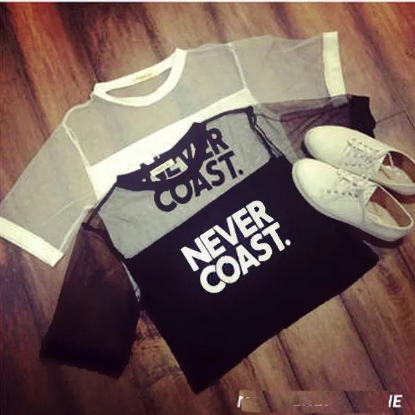 'NEVER COAST' Mesh Patchwork Crop T-Shirt