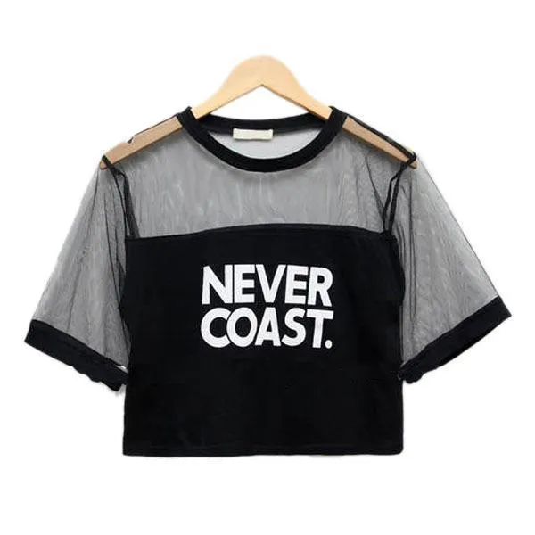 'NEVER COAST' Mesh Patchwork Crop T-Shirt