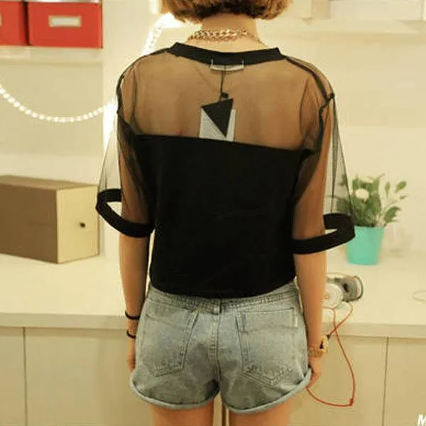 'NEVER COAST' Mesh Patchwork Crop T-Shirt