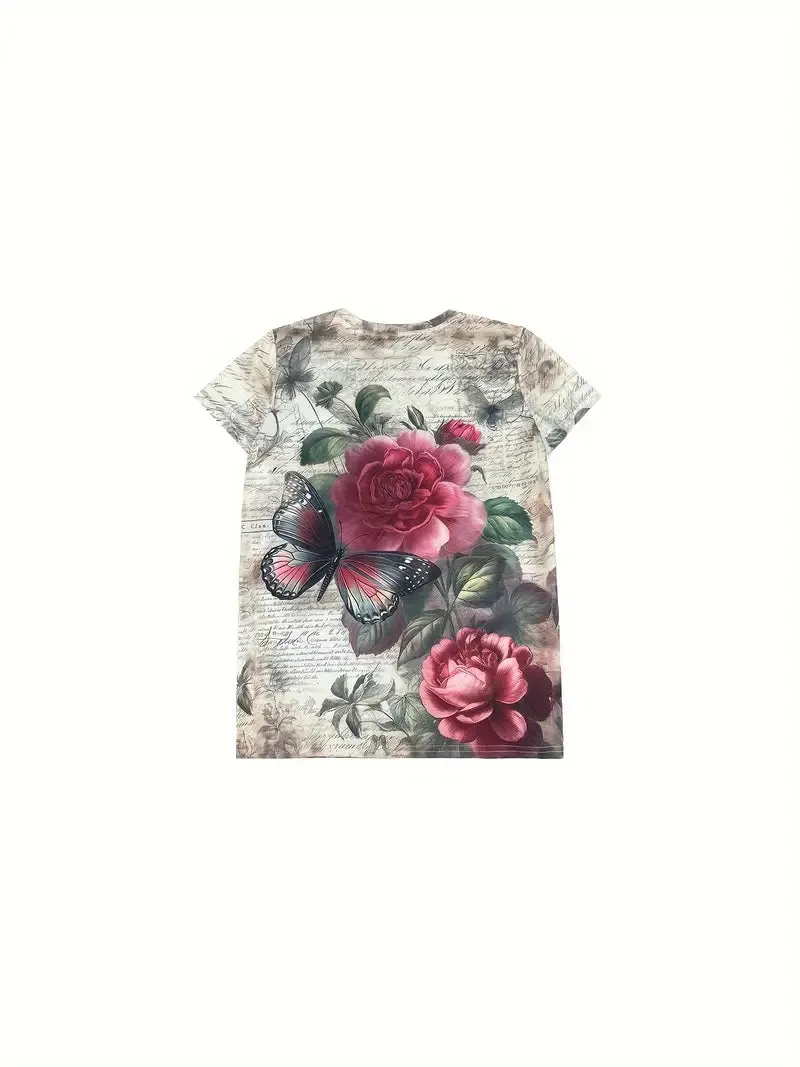 NEW Butterfly & Floral Print T-Shirt, Casual Crew Neck Short Sleeve Top For Spring & Summer, Women's Clothing, Sz M