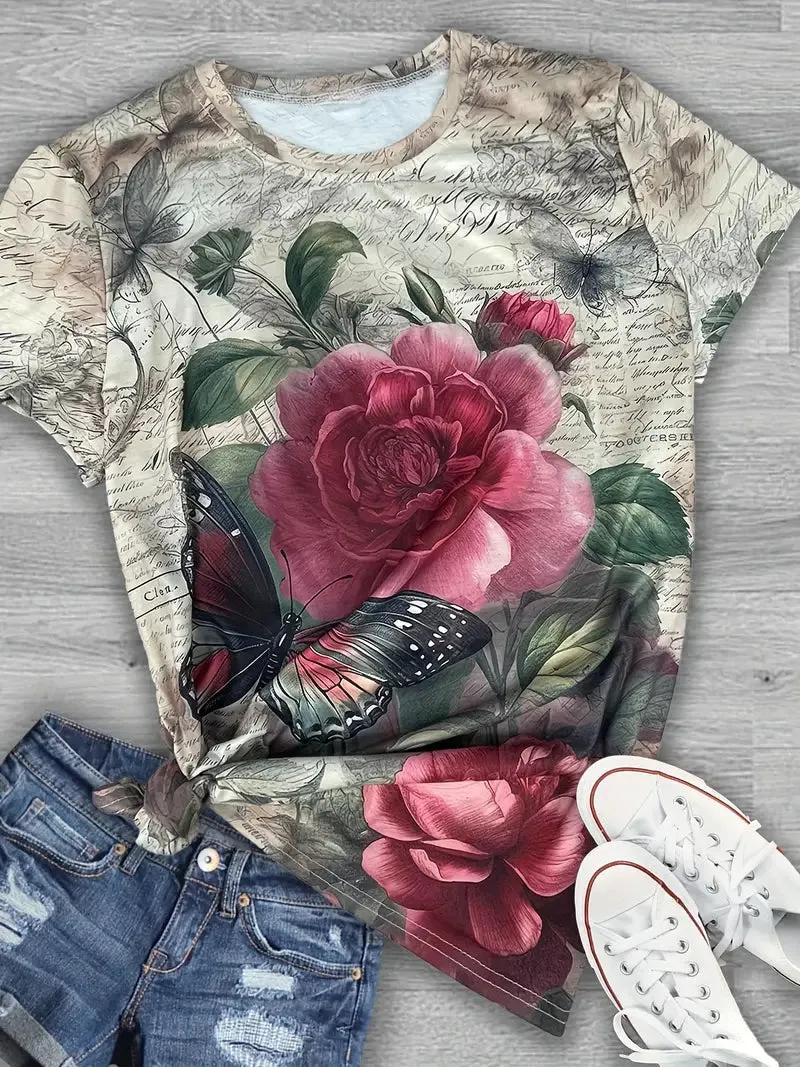 NEW Butterfly & Floral Print T-Shirt, Casual Crew Neck Short Sleeve Top For Spring & Summer, Women's Clothing, Sz M