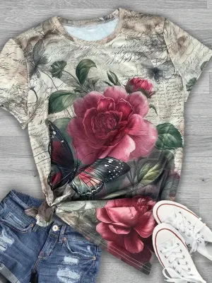 NEW Butterfly & Floral Print T-Shirt, Casual Crew Neck Short Sleeve Top For Spring & Summer, Women's Clothing, Sz M