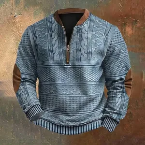 NEW Men's Vintage Knit Print Sweatshirt Casual Long Sleeve Pullover Henley Shirts Zip Up Stand Collar Jackets, Blue, Sz 3XL, digitally printed to look like knit