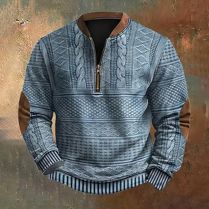 NEW Men's Vintage Knit Print Sweatshirt Casual Long Sleeve Pullover Henley Shirts Zip Up Stand Collar Jackets, Blue, Sz 3XL, digitally printed to look like knit