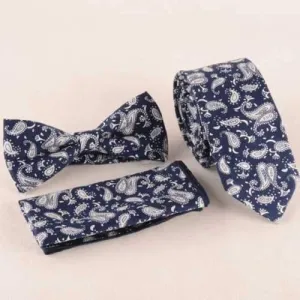 One Set Paisley Pattern Deep Blue Tie Handkercheif and Bow Tie - Deep Blue