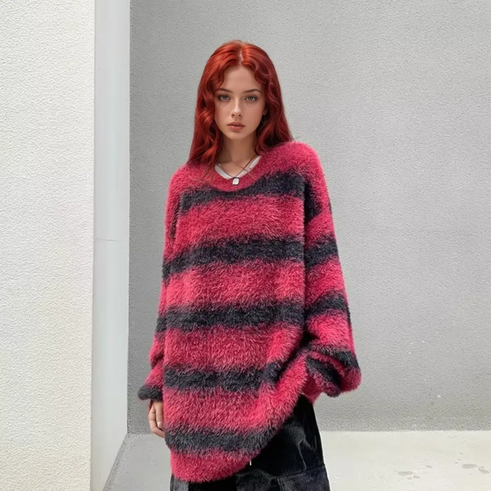 OOC' Retro Two-Color Stitching Ink-Splatter Striped Knitted Sweater