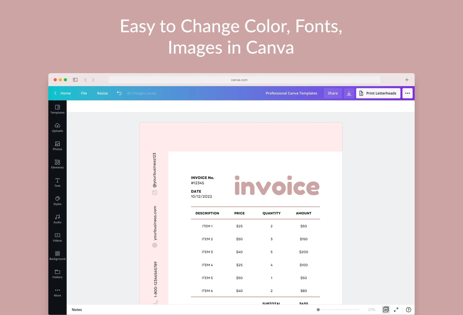 Pale Pink Invoice Canva Template Printable and Editable