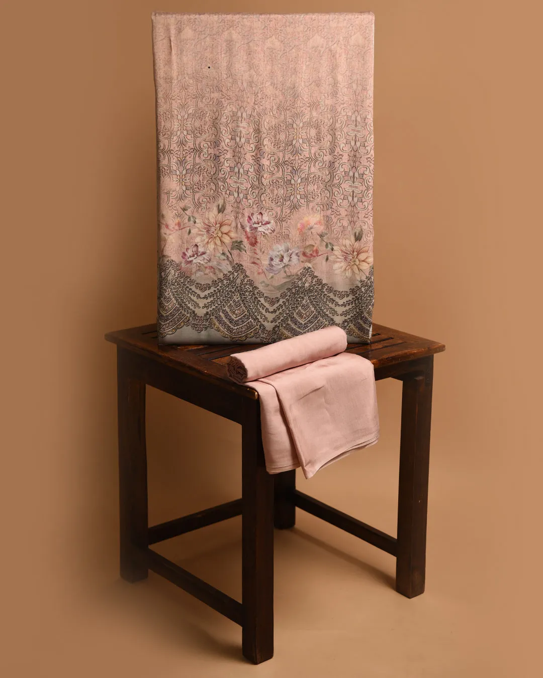 Pale Pink Muslin Silk Blend Printed Unstitched Co-ord Set Fabric With Muslin Bottom Fabric