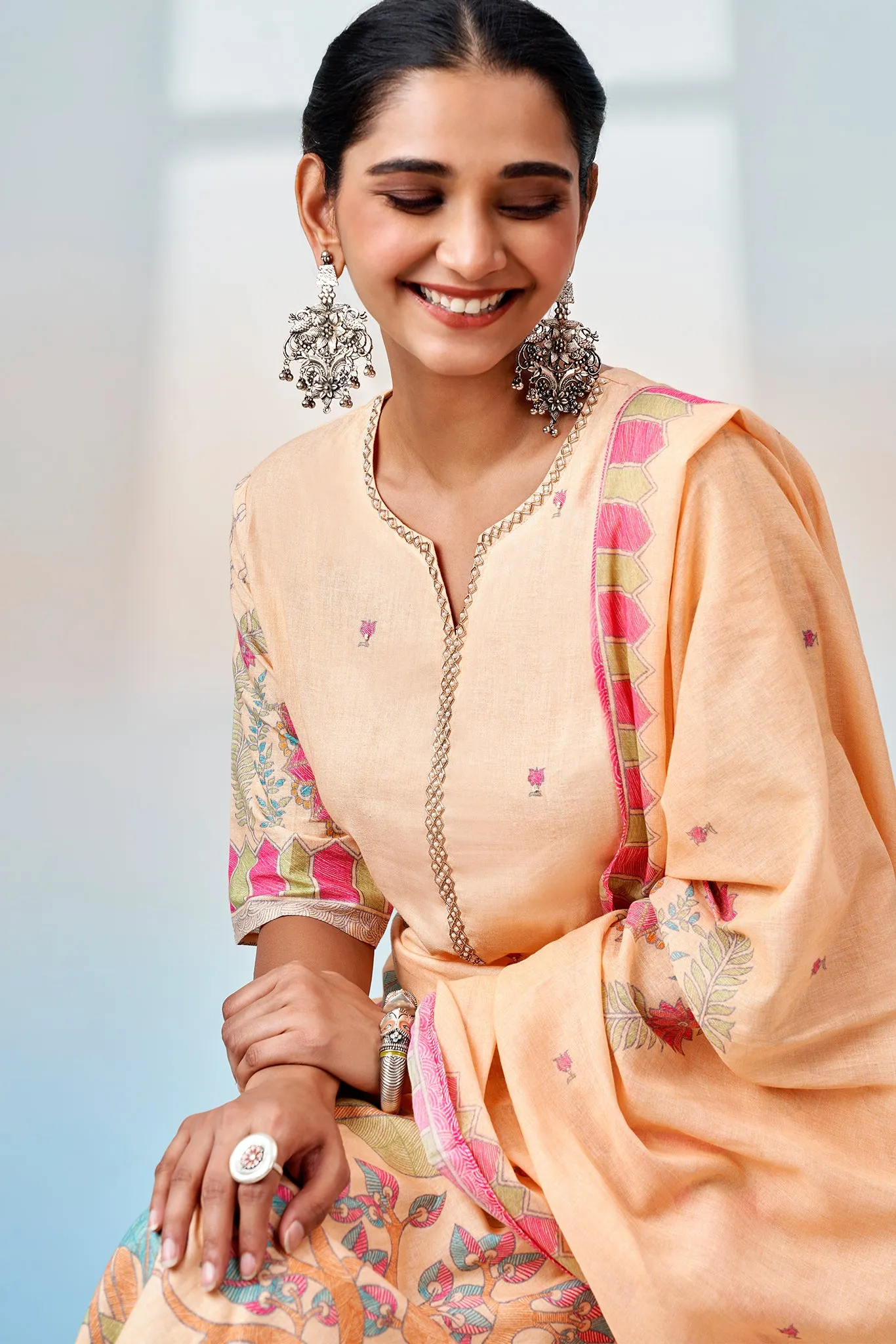 Peach Floral Printed Kurta Set with Dupatta