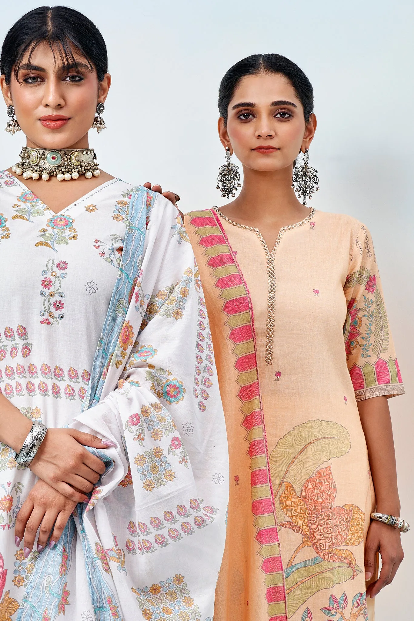 Peach Floral Printed Kurta Set with Dupatta