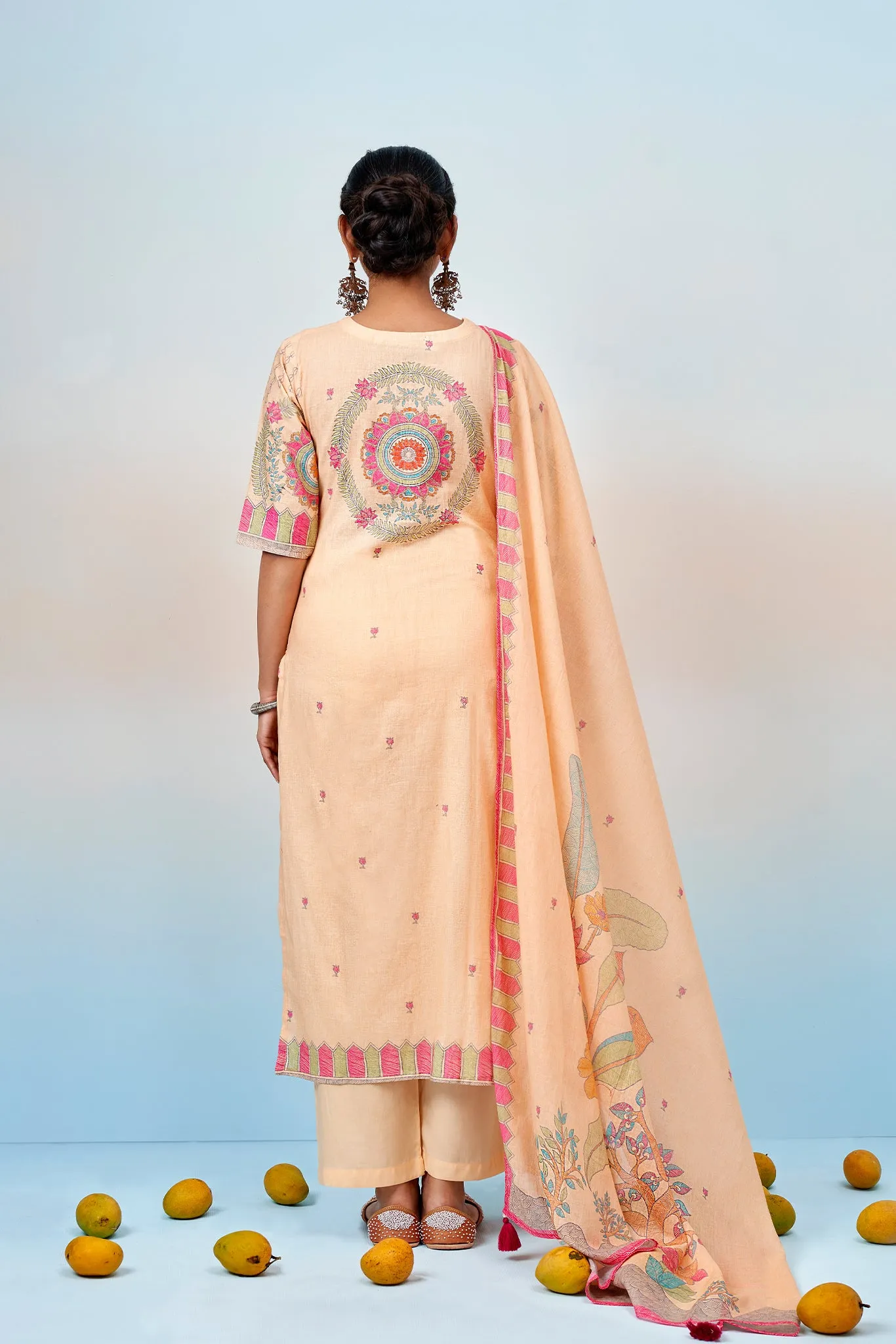 Peach Floral Printed Kurta Set with Dupatta