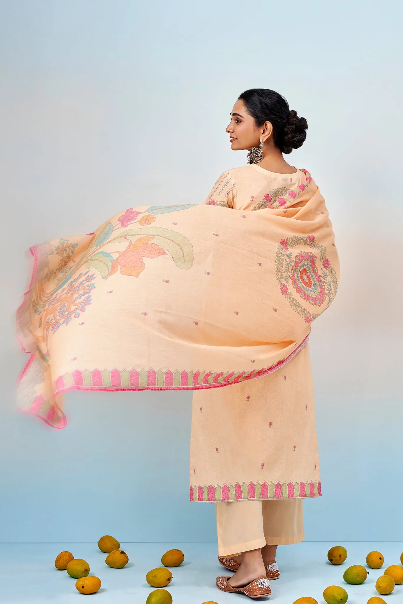 Peach Floral Printed Kurta Set with Dupatta