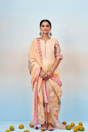 Peach Floral Printed Kurta Set with Dupatta