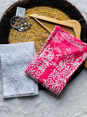 Pink Chikankari cotton Kurti With Pant In Mul Mul Cotton