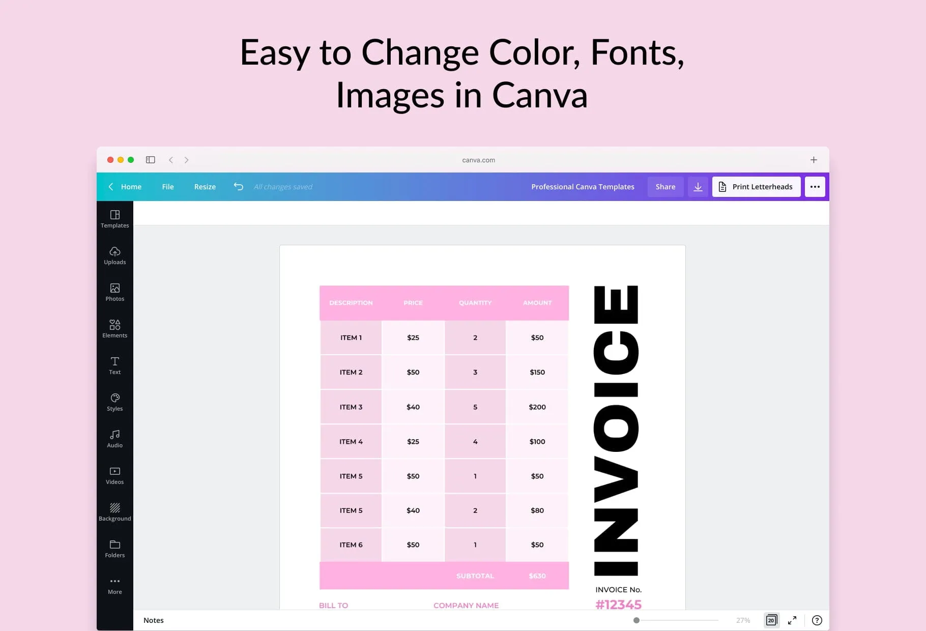 Pink Pearl Invoice Canva Template Printable and Editable