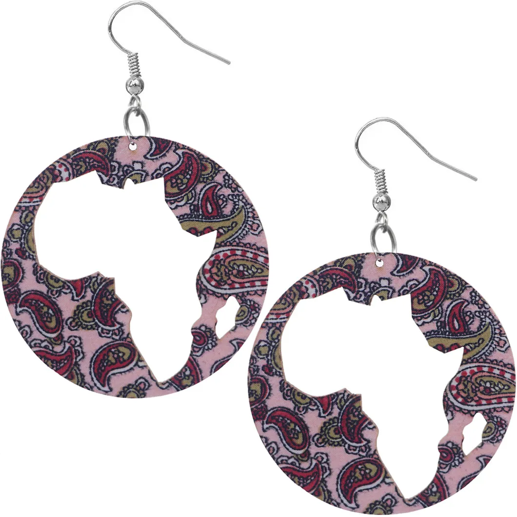 Pink Wooden Cutout Africa Shape Paisley Earrings