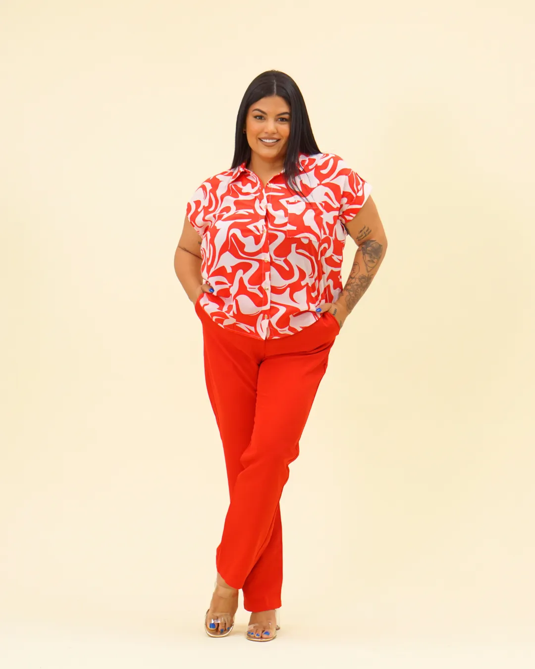 PLUS PRINTED BUTTON BLOUSE