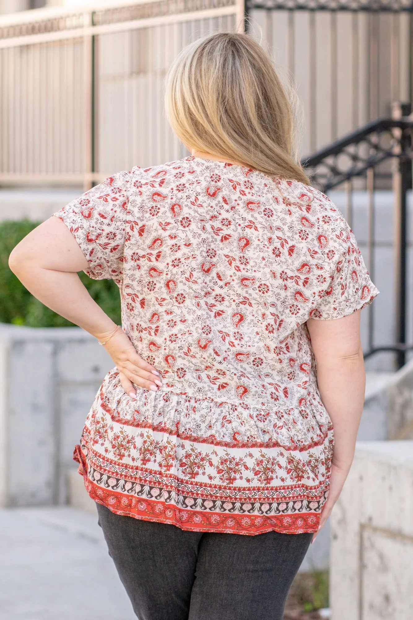 Plus Size Paisley Ruffle Hem Top