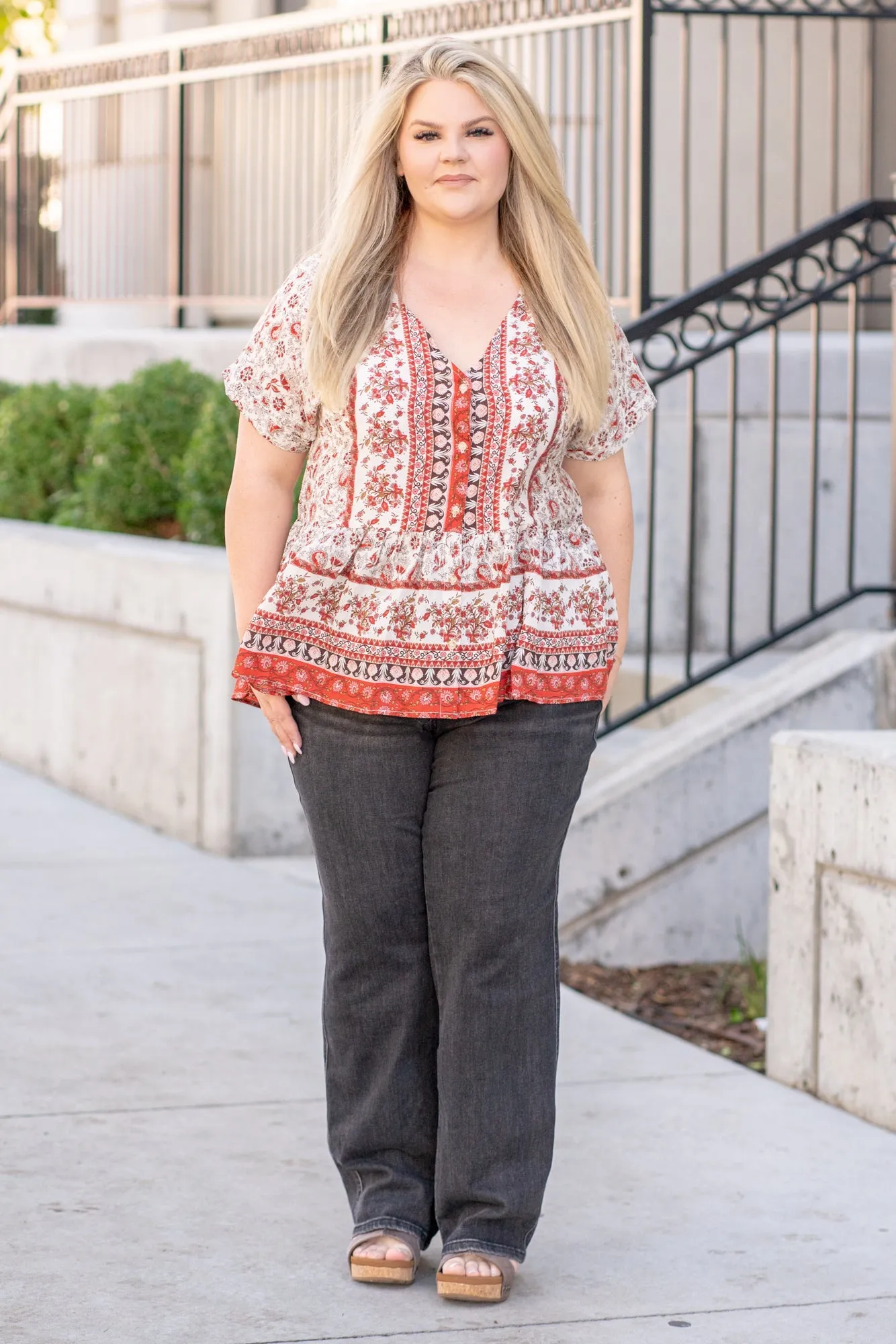 Plus Size Paisley Ruffle Hem Top