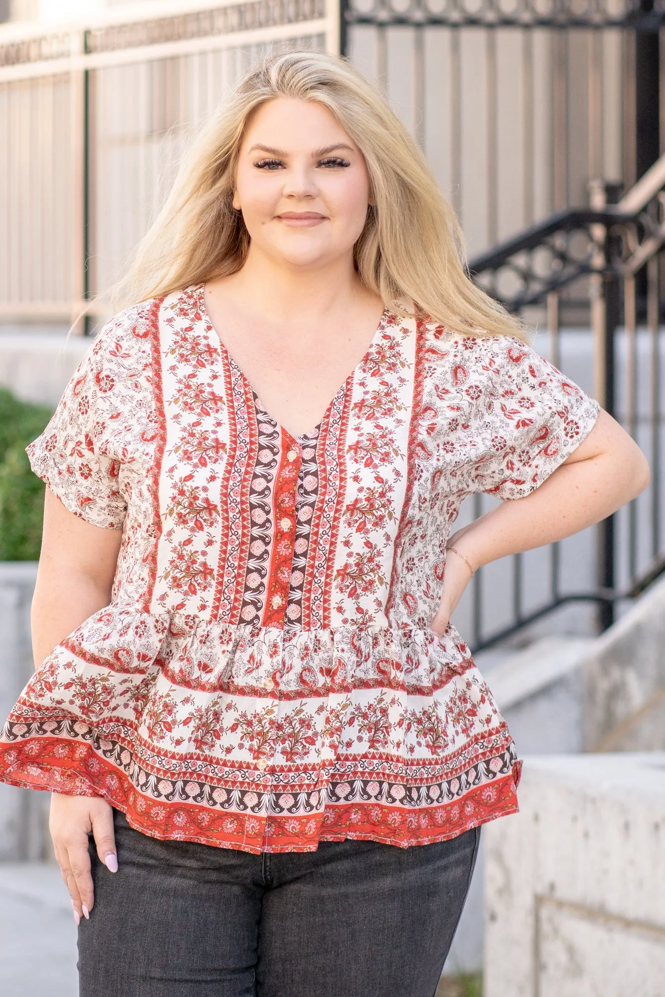 Plus Size Paisley Ruffle Hem Top