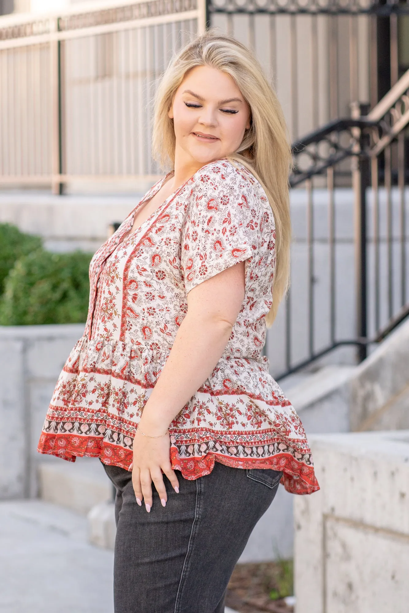 Plus Size Paisley Ruffle Hem Top
