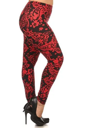 Plus Size Women Soft Crimson Paisley Print Leggings