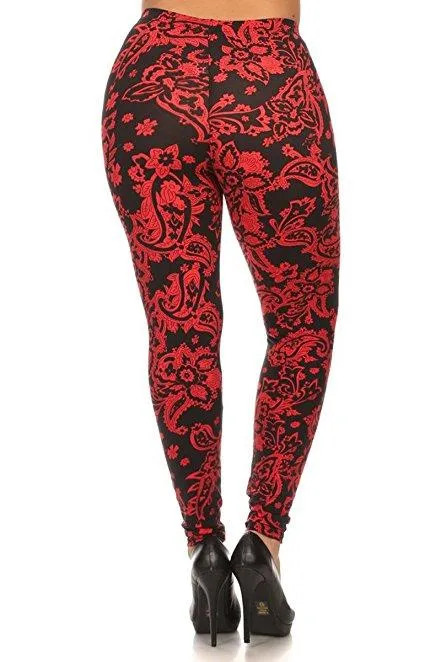 Plus Size Women Soft Crimson Paisley Print Leggings