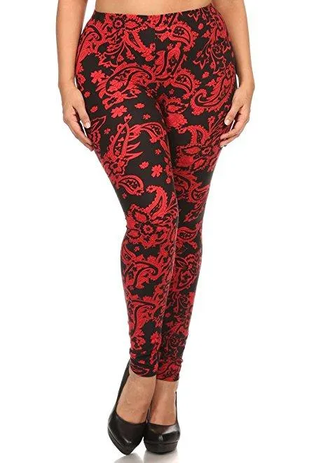 Plus Size Women Soft Crimson Paisley Print Leggings