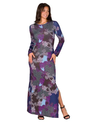 Purple Paisley Long Sleeve Side Slit Fitted Maxi Dress