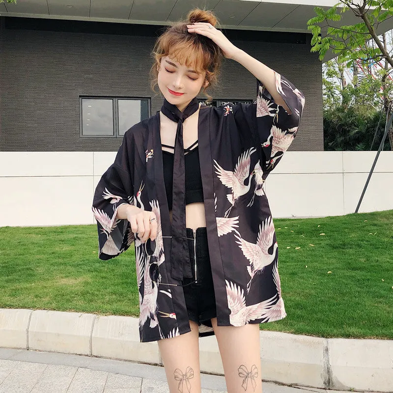 "JFASHON CRANE PRINTED" SUNSCREEN KIMONO D051407