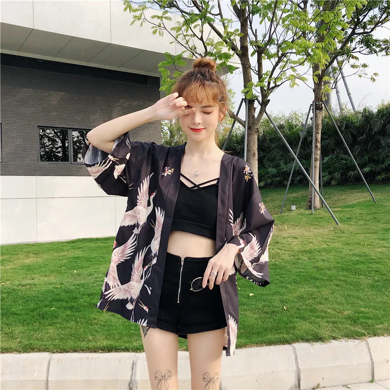 "JFASHON CRANE PRINTED" SUNSCREEN KIMONO D051407