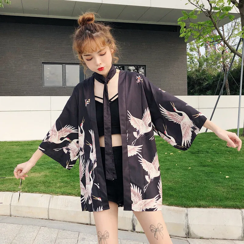 "JFASHON CRANE PRINTED" SUNSCREEN KIMONO D051407