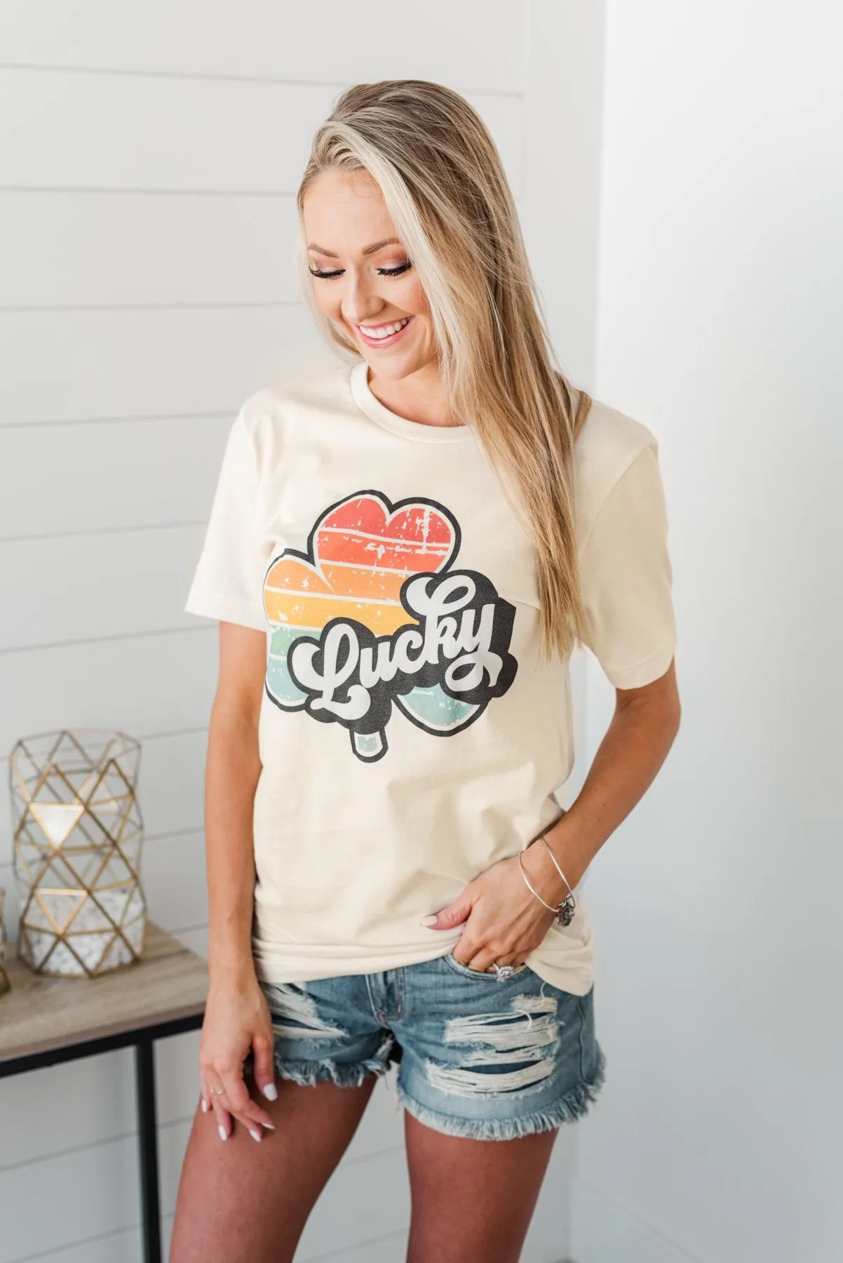 "Lucky" Striped Shamrock Retro Graphic Tee- Cream