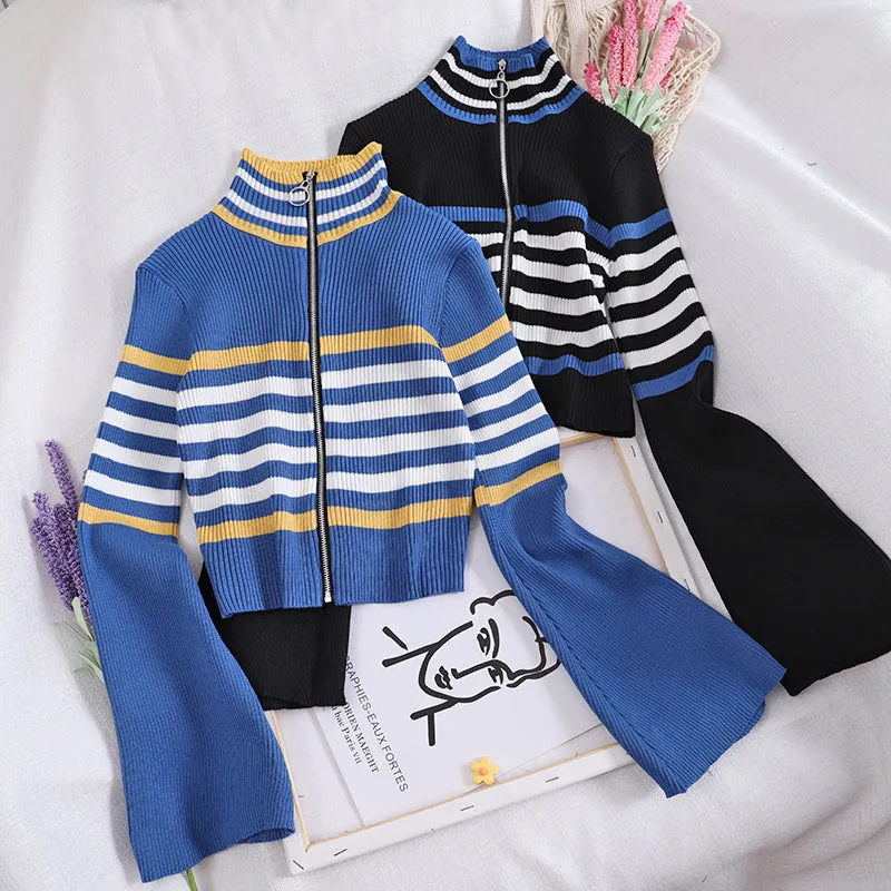 "RETRO STRIPED TRUMPET SLEEVE" CARDIGAN KNIT TOP K111312