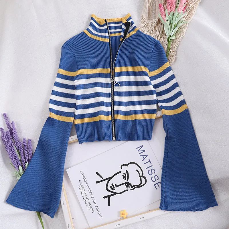 "RETRO STRIPED TRUMPET SLEEVE" CARDIGAN KNIT TOP K111312