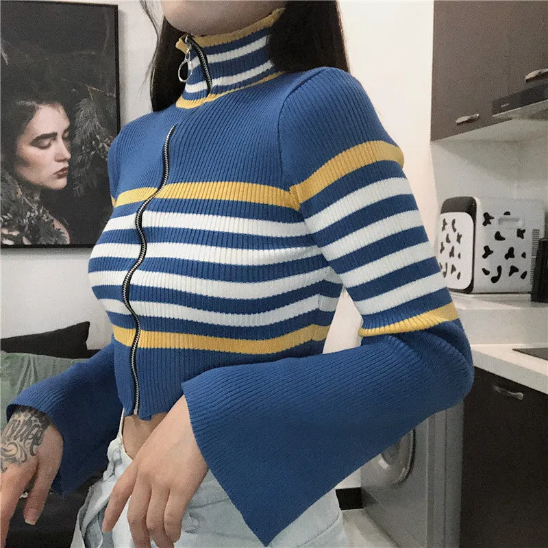 "RETRO STRIPED TRUMPET SLEEVE" CARDIGAN KNIT TOP K111312