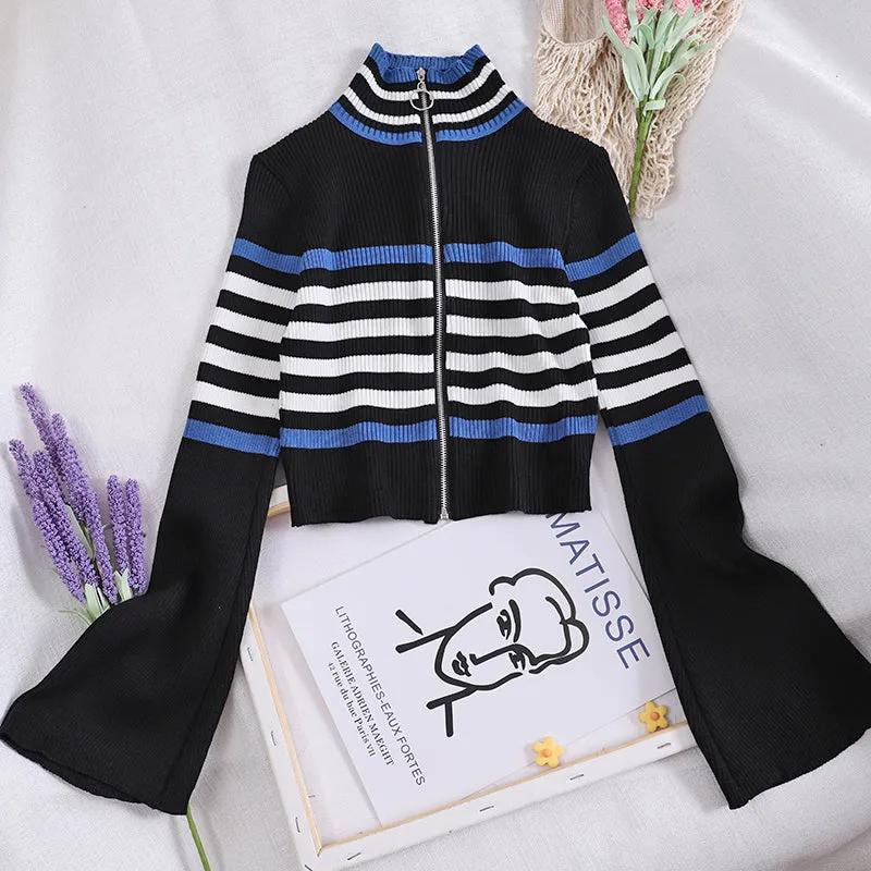 "RETRO STRIPED TRUMPET SLEEVE" CARDIGAN KNIT TOP K111312