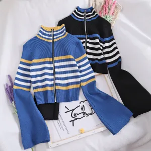 "RETRO STRIPED TRUMPET SLEEVE" CARDIGAN KNIT TOP K111312