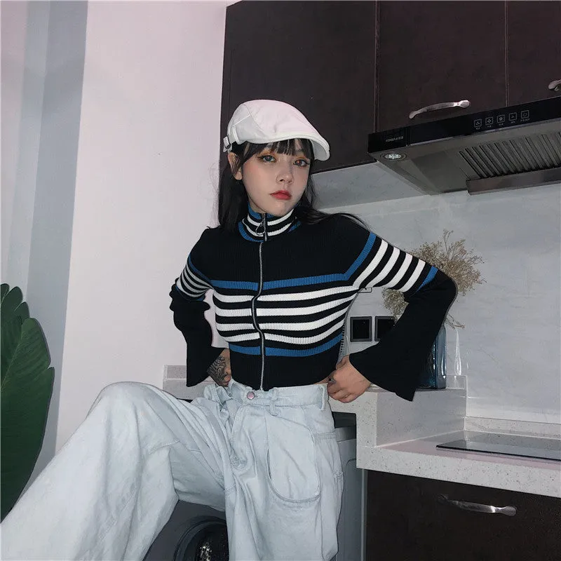 "RETRO STRIPED TRUMPET SLEEVE" CARDIGAN KNIT TOP K111312