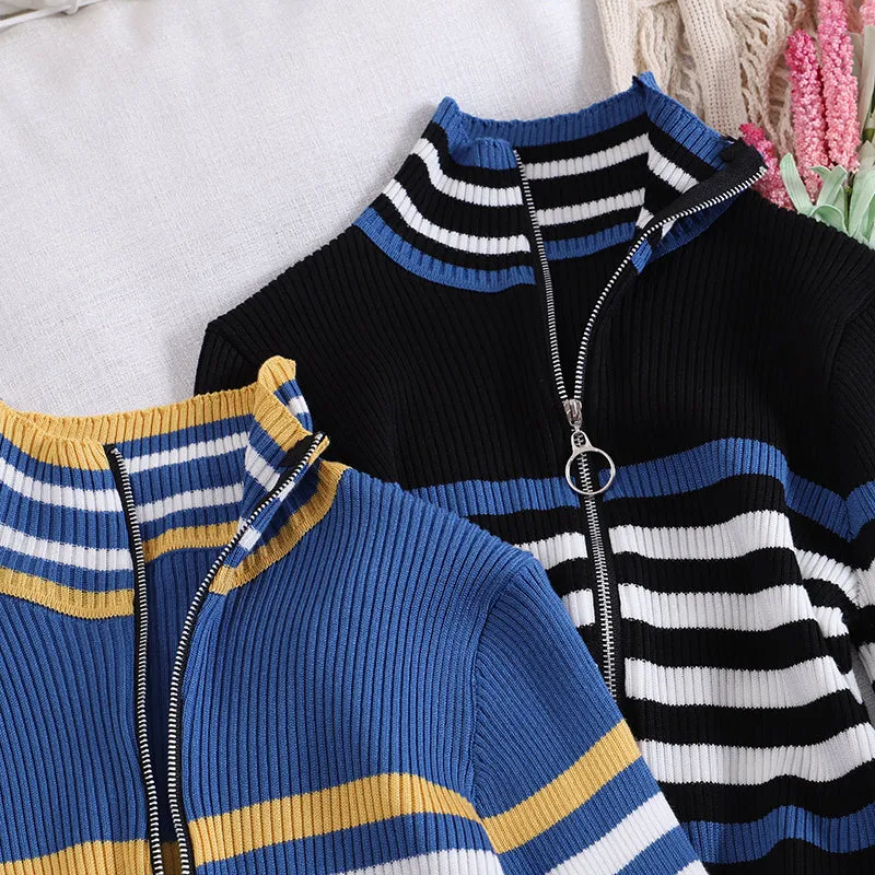 "RETRO STRIPED TRUMPET SLEEVE" CARDIGAN KNIT TOP K111312