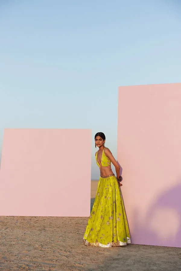 Raji Ramniq   I   Lime Printed Silk Velvet Lahenga Set Dupatta We-108