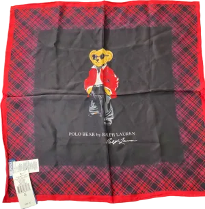 Ralph Lauren Red Plaid Holiday Bear 100% Silk Scarf